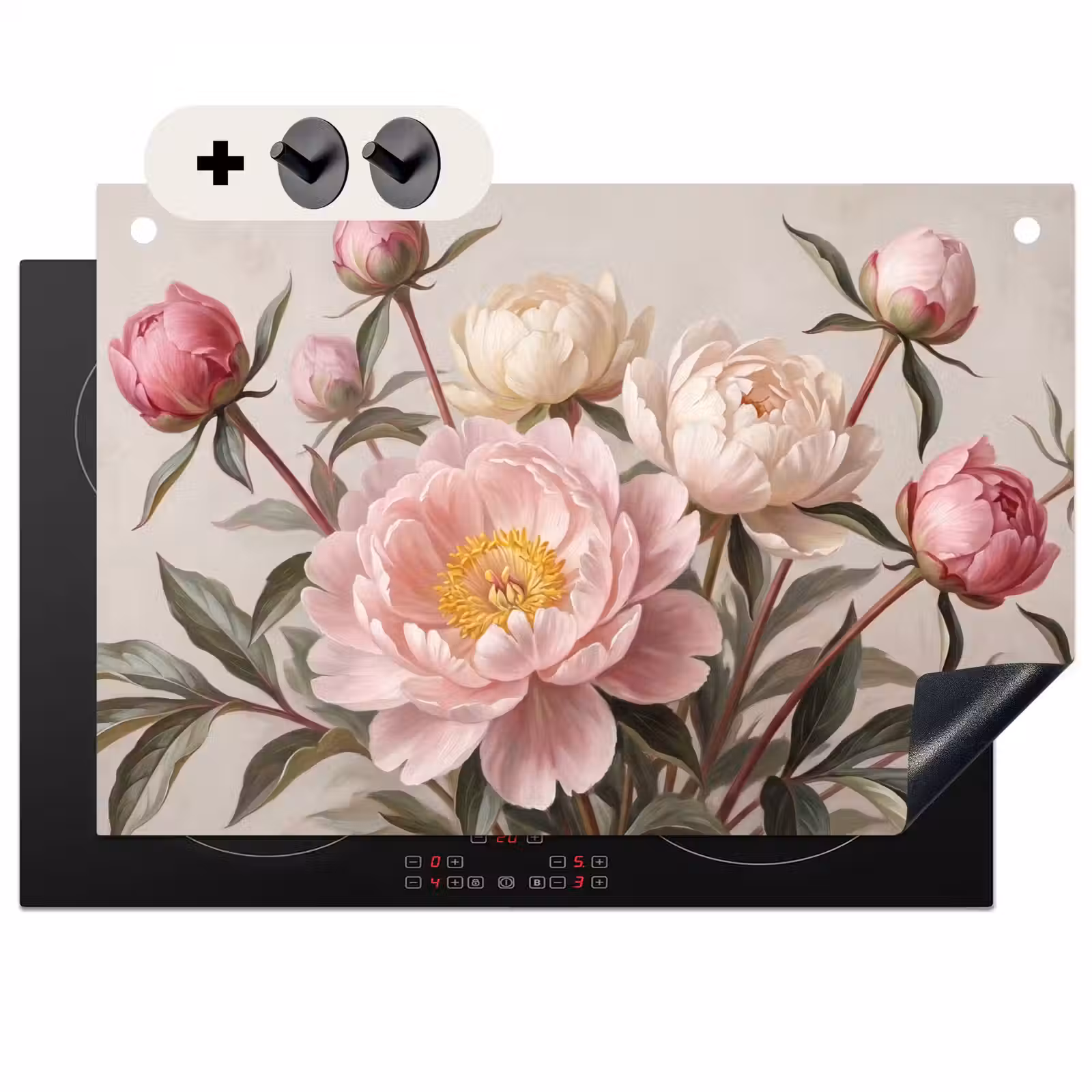 Inductie beschermer en spatscherm (2in1) - Pioenrozen - Boeket - Roze — 1