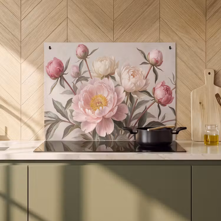 Inductie beschermer en spatscherm (2in1) - Pioenrozen - Boeket - Roze — 2