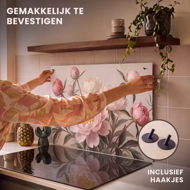 Inductie beschermer en spatscherm (2in1) - Pioenrozen - Boeket - Roze — 7