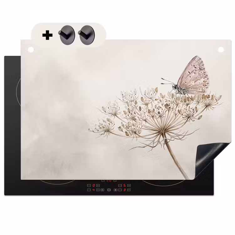 Inductie beschermer en spatscherm (2in1) - Vlinder - Bloem -Natuur - Beige