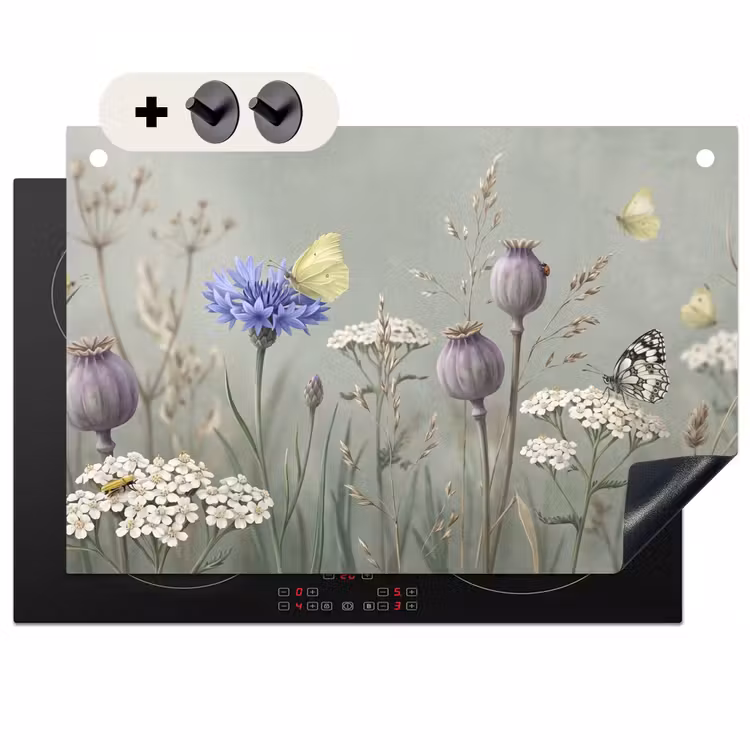 Inductie beschermer en spatscherm (2in1) - Vlinders - Wildbloemen - Illustratie - Kleurrijk