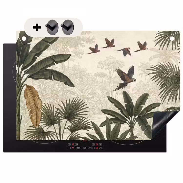 Inductie beschermer en spatscherm (2in1) - Papagaaien - Jungle - Tropisch - Green