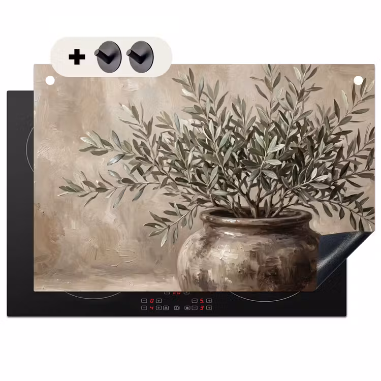 Inductie beschermer en spatscherm (2in1) - Olijfplant - Aardenpot - Abstract - Beige