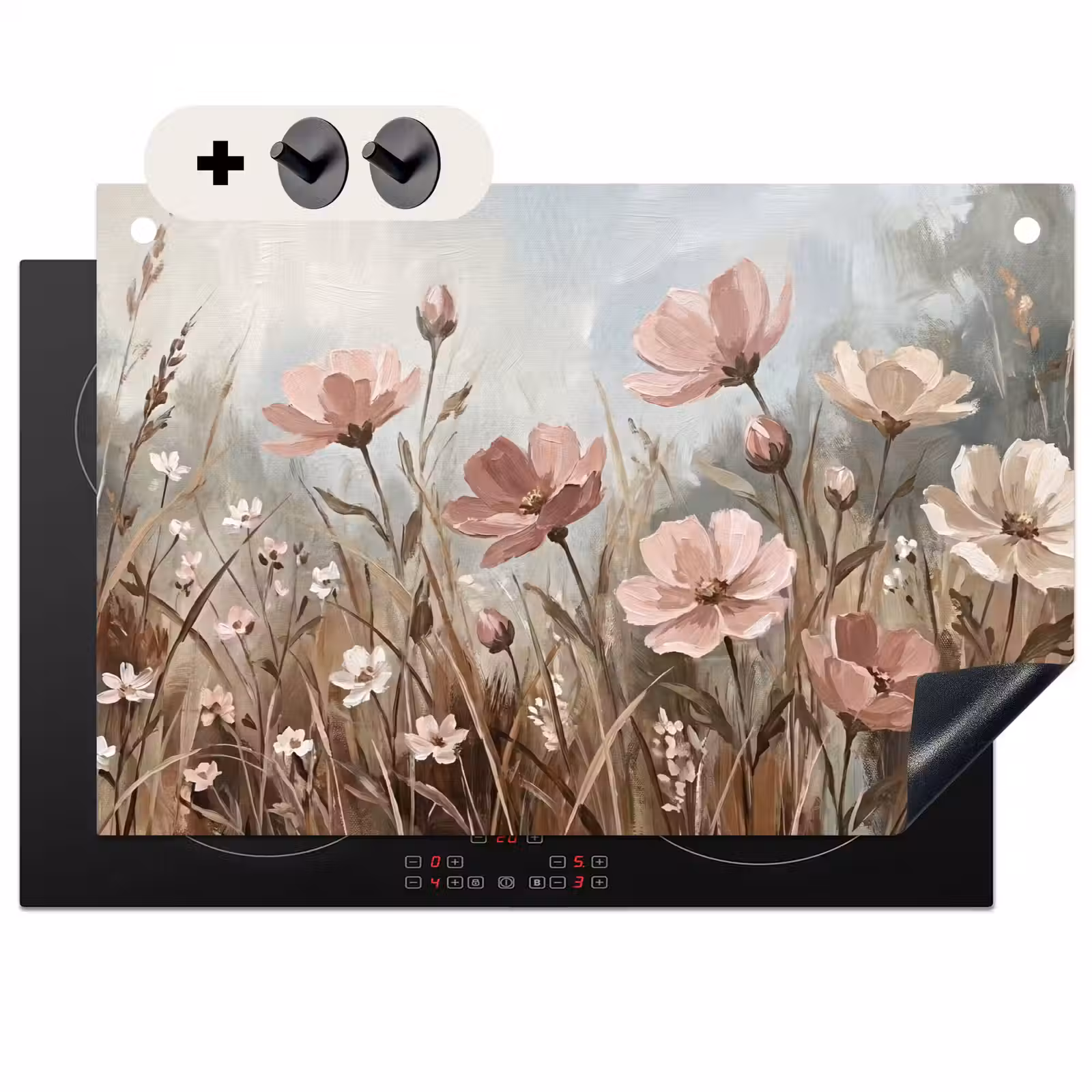 Inductie beschermer en spatscherm (2in1) - Bloemen - Botanisch - Schilderij - Pastel - Rustiek — 1