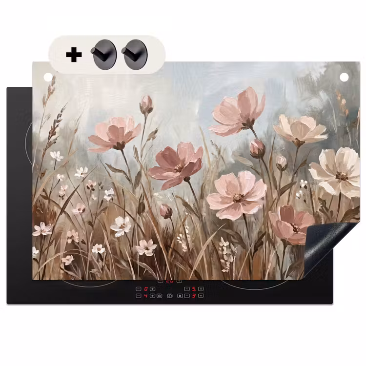 Inductie beschermer en spatscherm (2in1) - Bloemen - Botanisch - Schilderij - Pastel - Rustiek