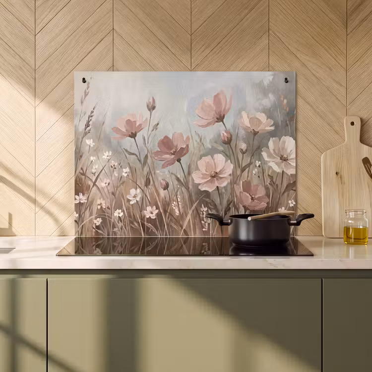 Inductie beschermer en spatscherm (2in1) - Bloemen - Botanisch - Schilderij - Pastel - Rustiek — 2
