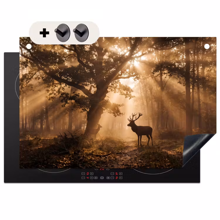 Inductie beschermer en spatscherm (2in1) - Hert - Bos - Mistig - Natuur - Goud