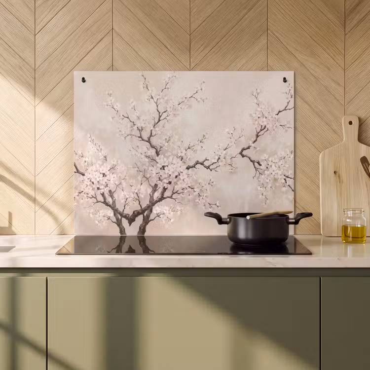 Inductie beschermer en spatscherm (2in1) - Bloesem - Illustratie - Taupe — 2