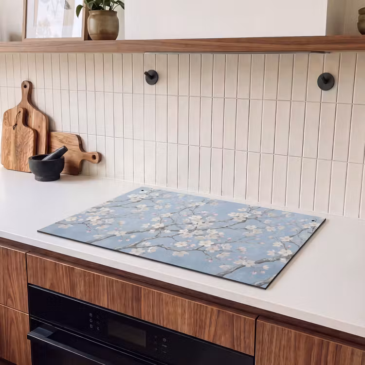Inductie beschermer en spatscherm (2in1) - Takken - Kersenbloesem - Blauw — 3