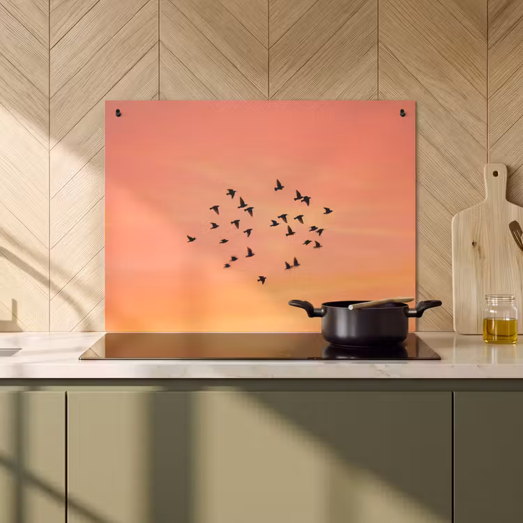 Inductie beschermer en spatscherm (2in1) - Zwerm - Vogels - Oranje — 2