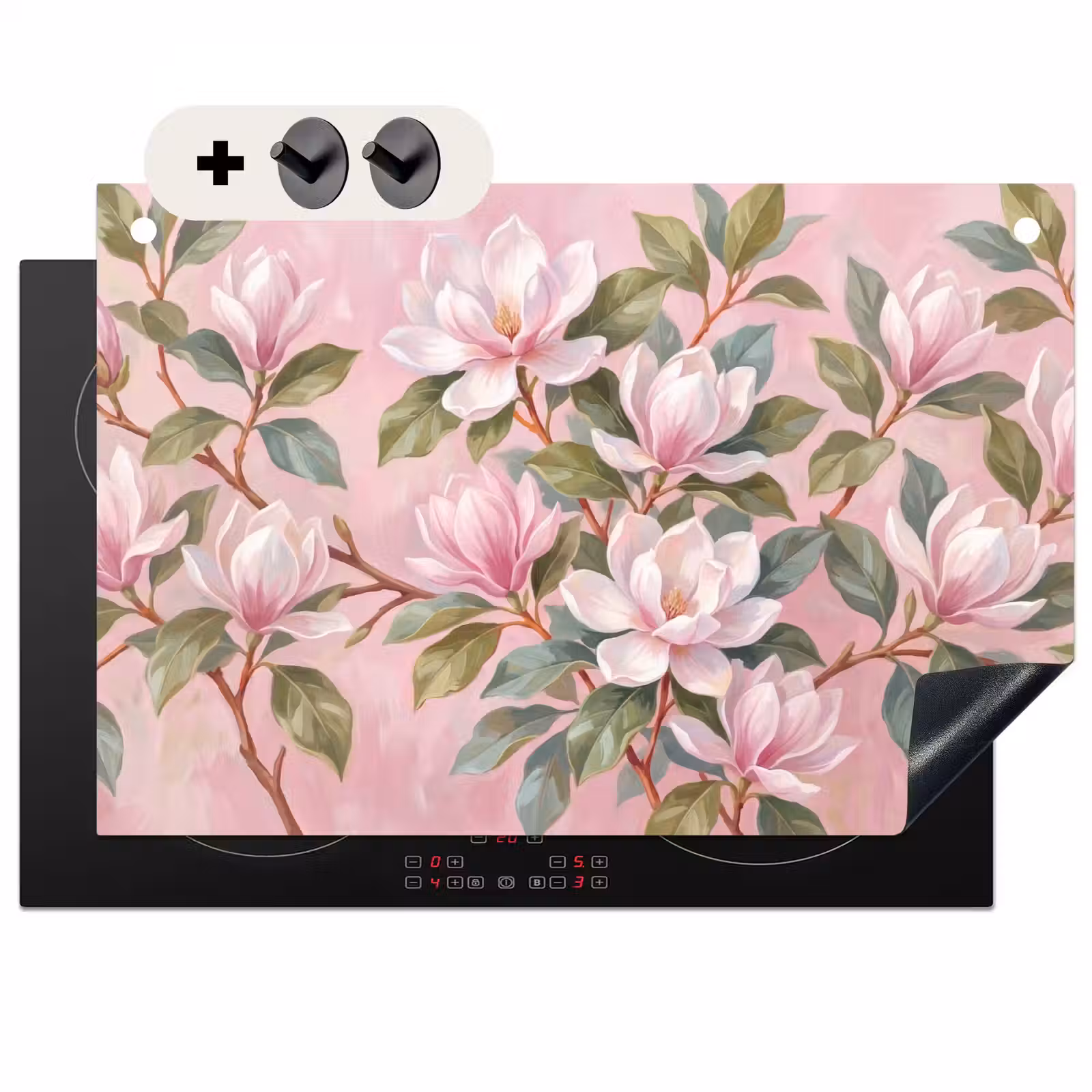 Inductie beschermer en spatscherm (2in1) - Magnolia's - Patroon - Roze — 1