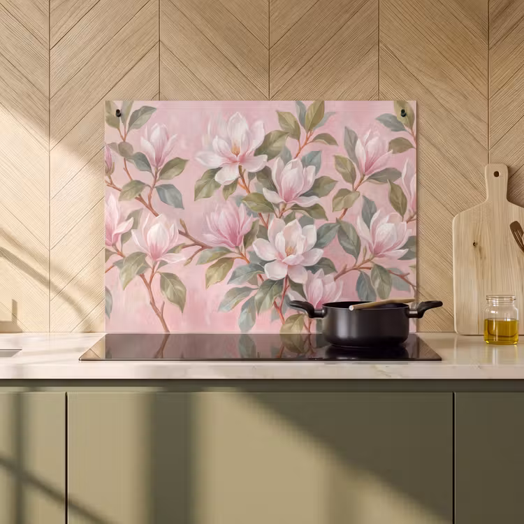 Inductie beschermer en spatscherm (2in1) - Magnolia's - Patroon - Roze — 2