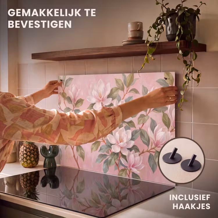 Inductie beschermer en spatscherm (2in1) - Magnolia's - Patroon - Roze — 7