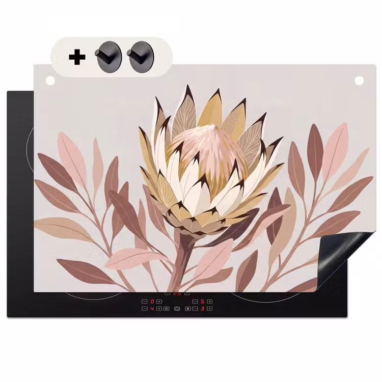 Inductie beschermer en spatscherm (2in1) - Protea - Bloem - Botanisch - Beige — 1
