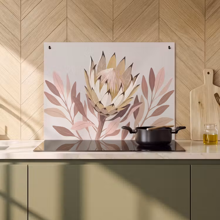 Inductie beschermer en spatscherm (2in1) - Protea - Bloem - Botanisch - Beige — 2