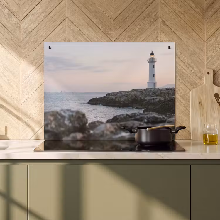Inductie beschermer en spatscherm (2in1) - Rotsen - Vuurtoren - Wit — 2