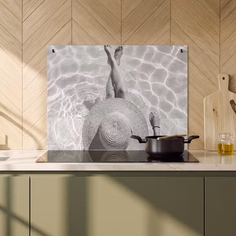 Inductie beschermer en spatscherm (2in1) - Zwembad - Hoed - Water - Zwart - Wit - Zomers — 2