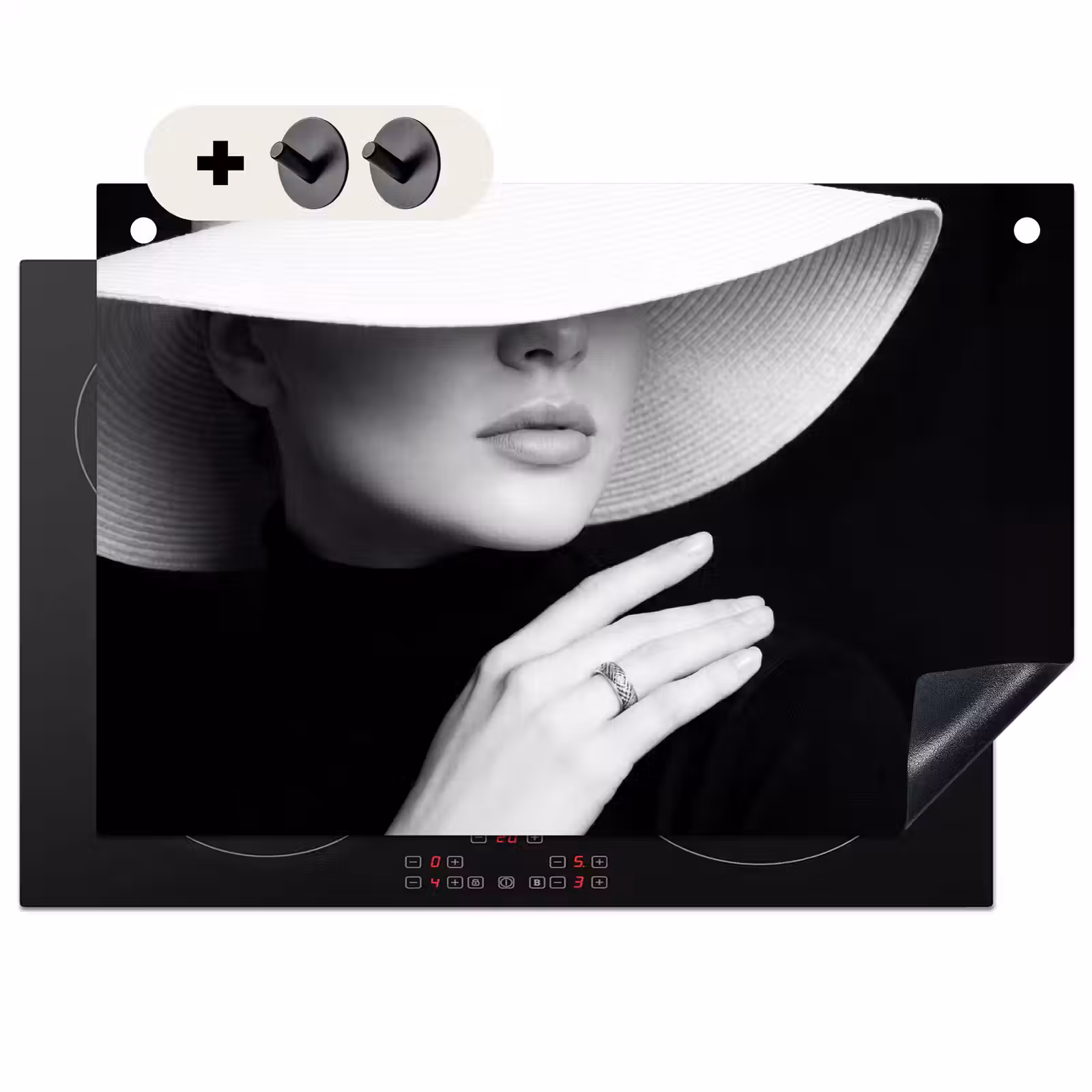 Inductie beschermer en spatscherm (2in1) - Vrouw - Hoed - Hand - Zwart - Wit - Klassiek — 1