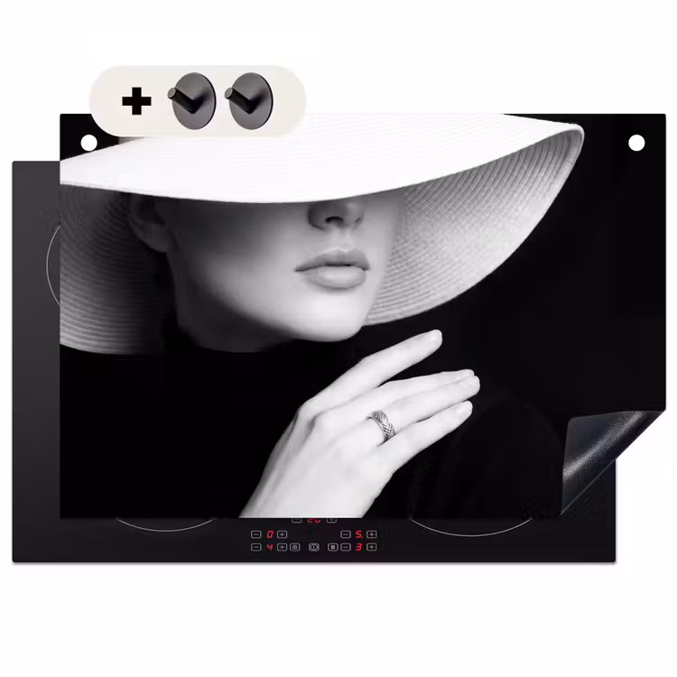 Inductie beschermer en spatscherm (2in1) - Vrouw - Hoed - Hand - Zwart - Wit - Klassiek — 1