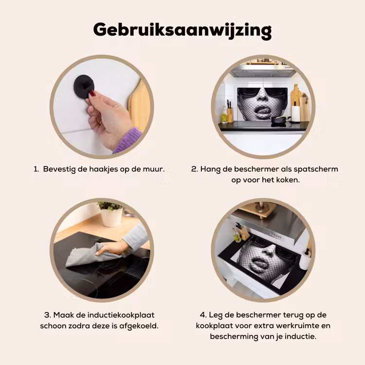 Inductie beschermer en spatscherm (2in1) - Vrouw - Net - Mysterieus - Zwart - Wit — 6