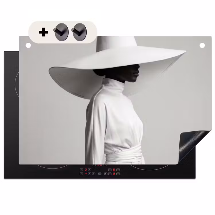 Inductie beschermer en spatscherm (2in1) - Vrouw - Profiel - Hoed - Zwart - Wit - Minimalistisch — 1