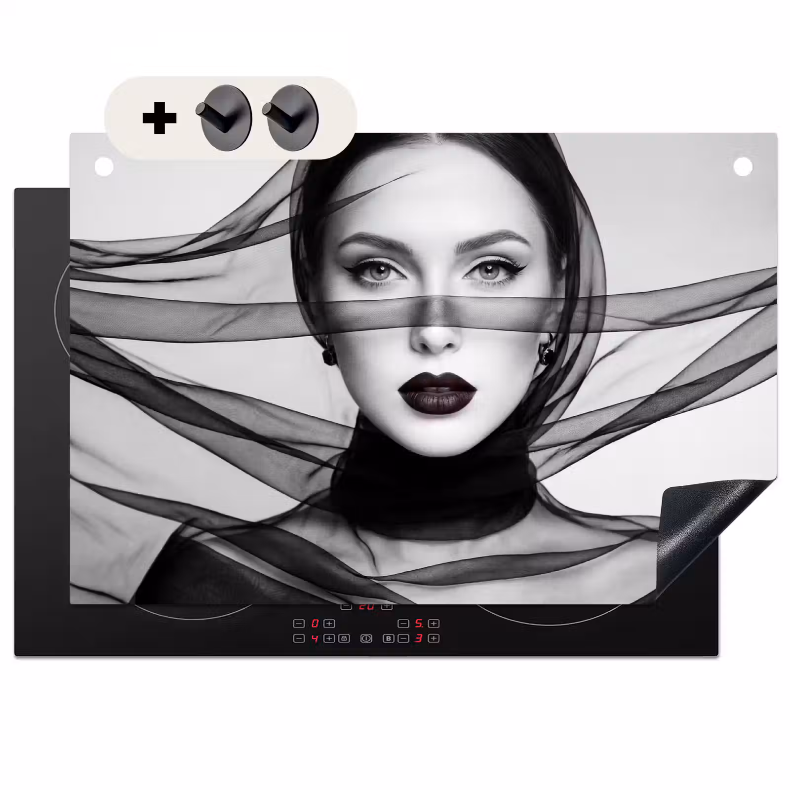 Inductie beschermer en spatscherm (2in1) - Vrouw - Sluier - Portret - Zwart - Wit - Elegant — 1