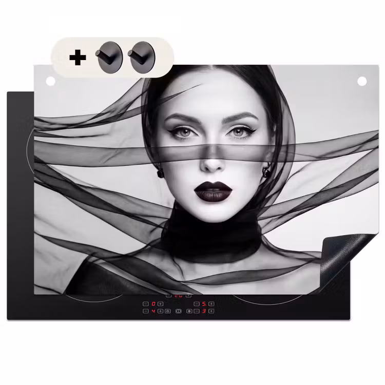 Inductie beschermer en spatscherm (2in1) - Vrouw - Sluier - Portret - Zwart - Wit - Elegant — 1