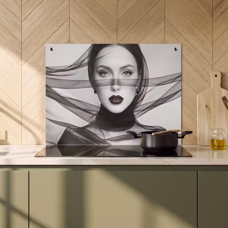 Inductie beschermer en spatscherm (2in1) - Vrouw - Sluier - Portret - Zwart - Wit - Elegant — 2