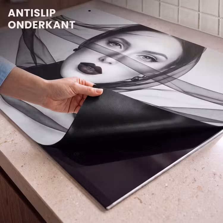 Inductie beschermer en spatscherm (2in1) - Vrouw - Sluier - Portret - Zwart - Wit - Elegant — 4