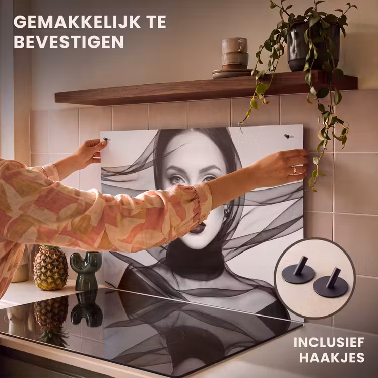 Inductie beschermer en spatscherm (2in1) - Vrouw - Sluier - Portret - Zwart - Wit - Elegant — 7