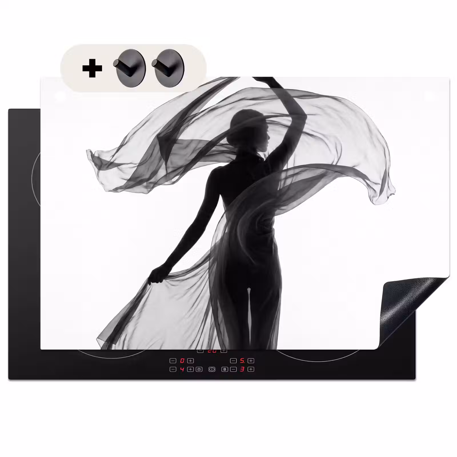 Inductie beschermer en spatscherm (2in1) - Vrouw - Sluier - Portret - Zwart - Wit - Artistiek — 1