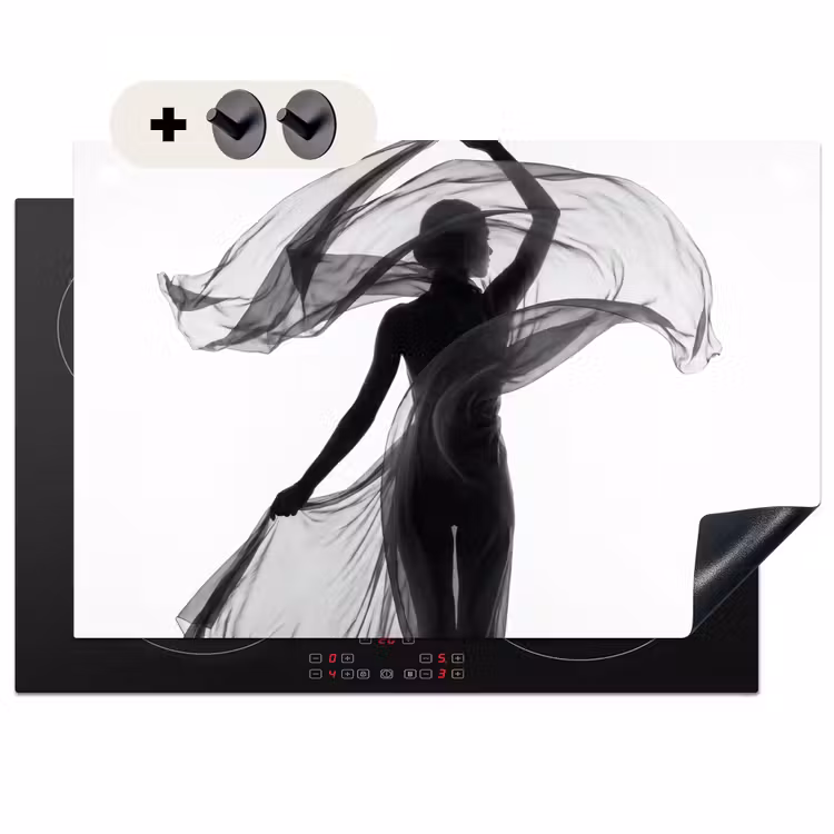 Inductie beschermer en spatscherm (2in1) - Vrouw - Sluier - Portret - Zwart - Wit - Artistiek — 1