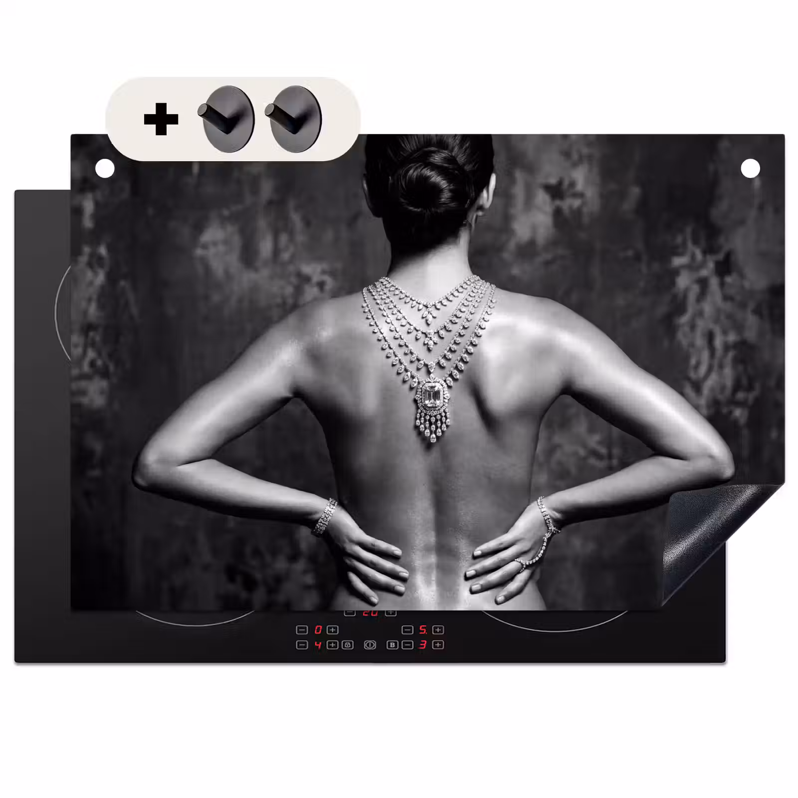 Inductie beschermer en spatscherm (2in1) - Rug - Ketting - Portret - Zwart - Wit - Glamour — 1