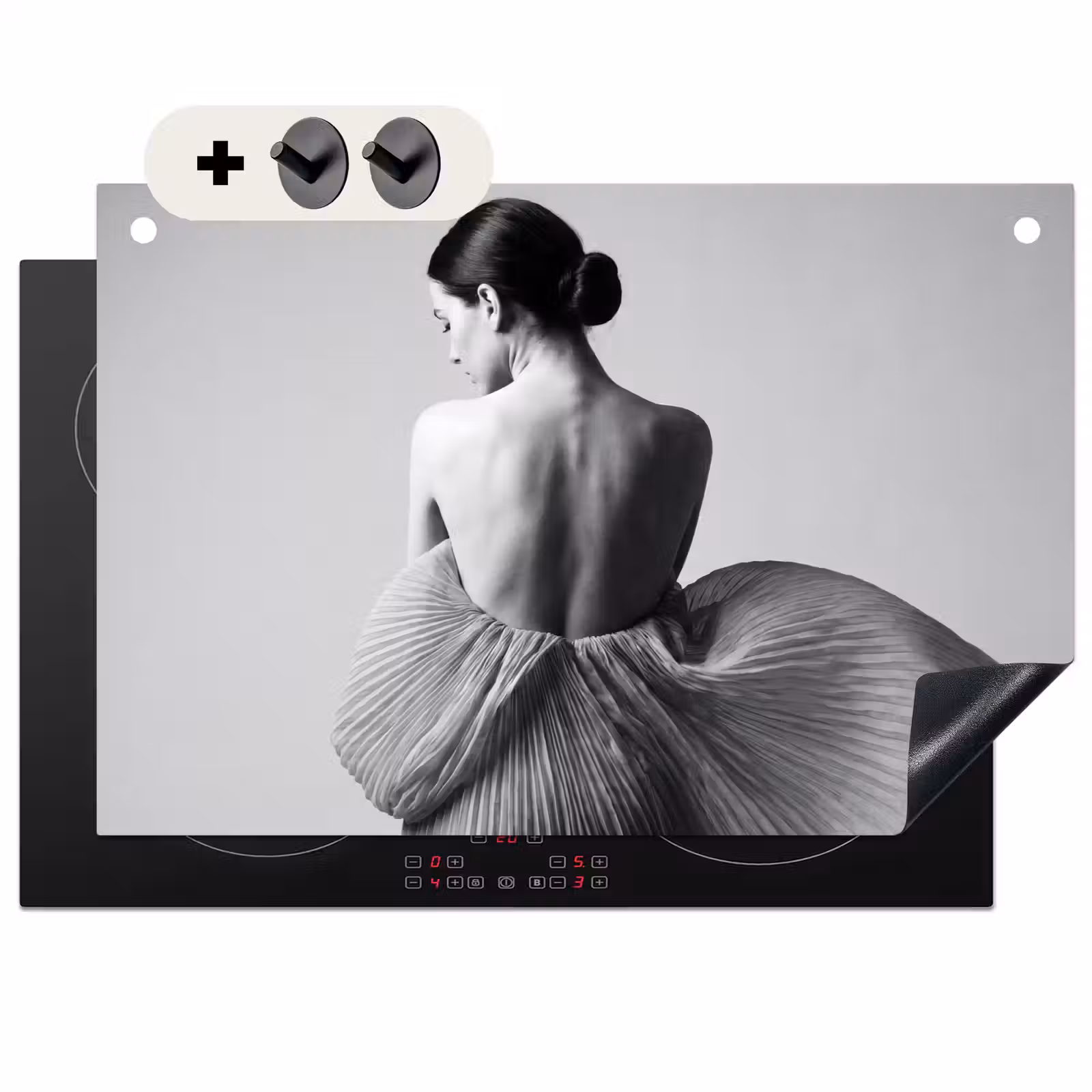 Inductie beschermer en spatscherm (2in1) - Vrouw - Rug - Textuur - Zwart - Wit - Elegant — 1
