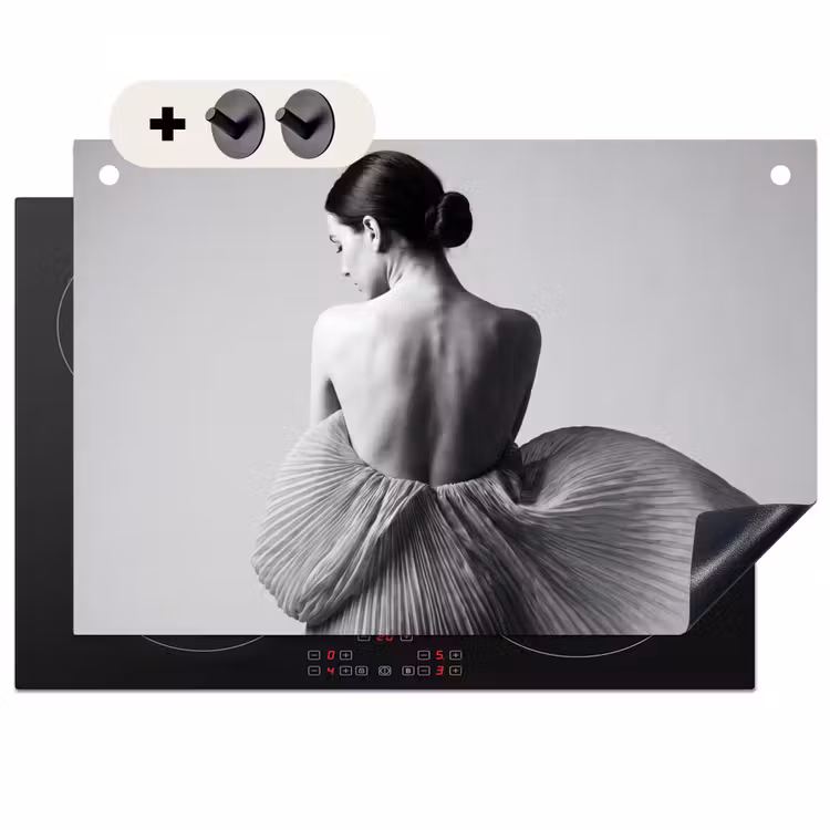 Inductie beschermer en spatscherm (2in1) - Vrouw - Rug - Textuur - Zwart - Wit - Elegant — 1