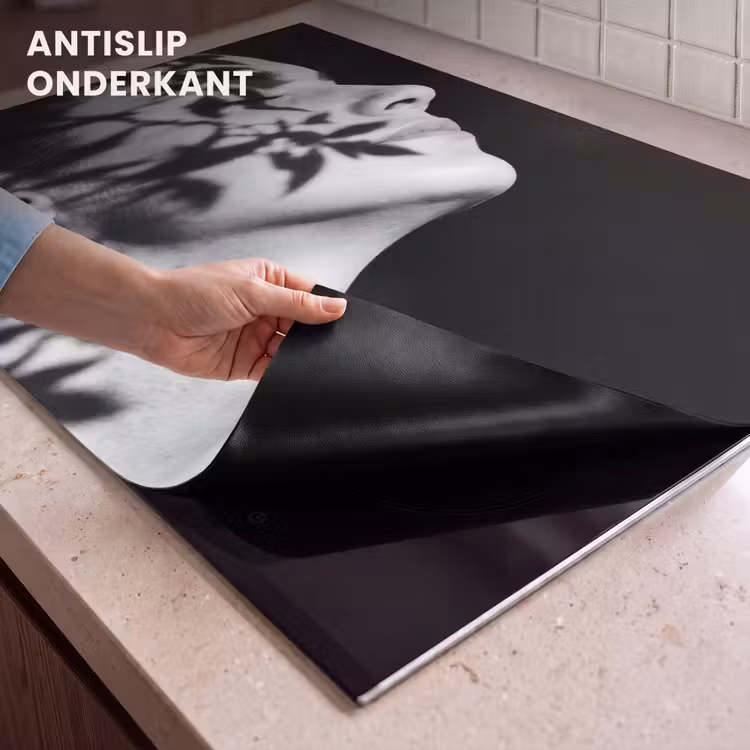 Inductie beschermer en spatscherm (2in1) - Gezicht - Schaduw - Bladeren - Zwart - Wit - Intiem — 4