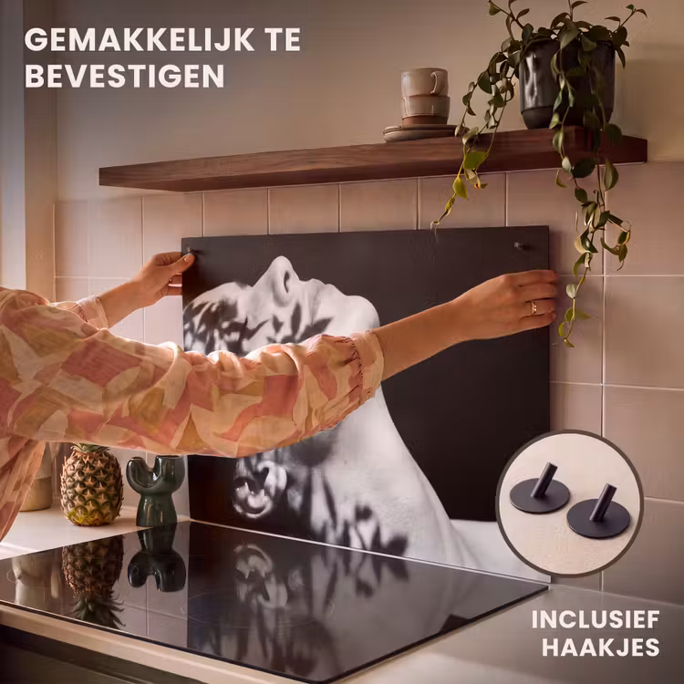 Inductie beschermer en spatscherm (2in1) - Gezicht - Schaduw - Bladeren - Zwart - Wit - Intiem — 7