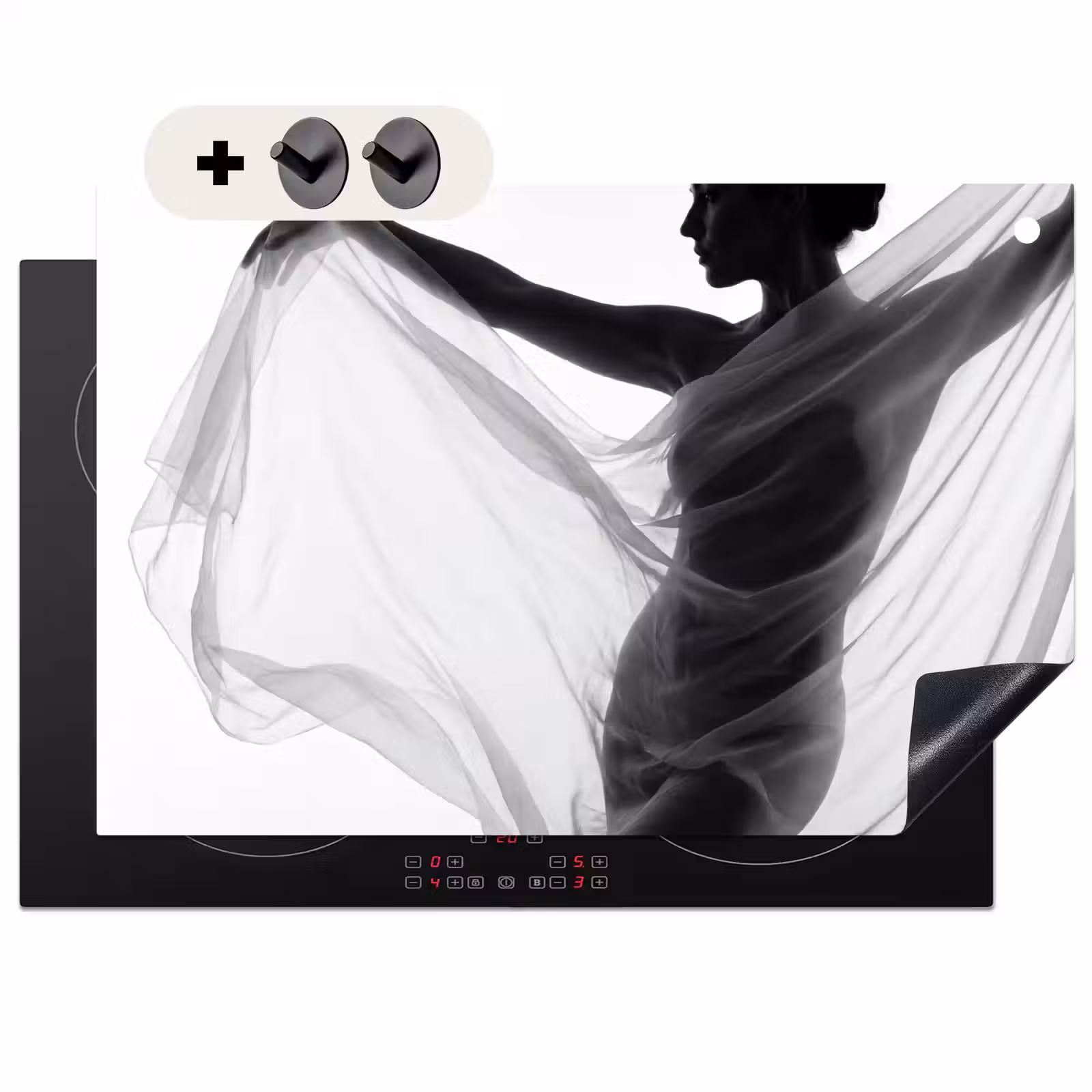 Inductie beschermer en spatscherm (2in1) - Silhouet - Sluier - Vormen - Zwart - Wit - Sensueel — 1