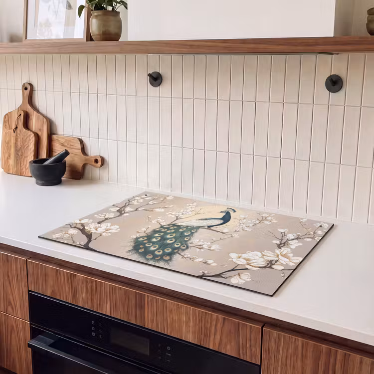 Inductie beschermer en spatscherm (2in1) - Pauw - Tak - Bloemen — 3