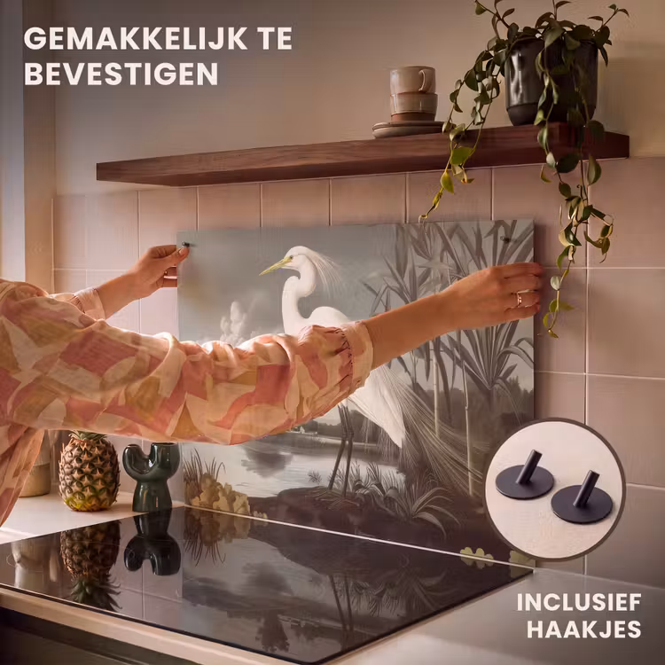 Inductie beschermer en spatscherm (2in1) - Reiger - Planten - Wolken - Wit — 7