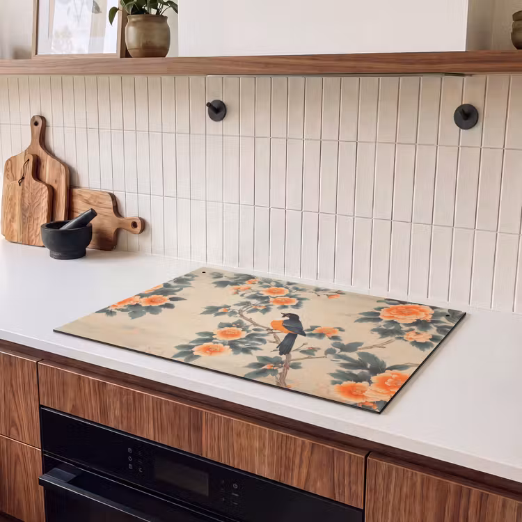 Inductie beschermer en spatscherm (2in1) - Vogel - Tak - Bloemen - Oranje — 3