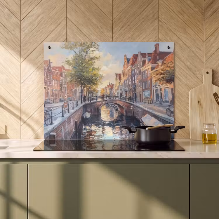 Inductie beschermer en spatscherm (2in1) - Brug - Stad - Huizen - Boot — 2