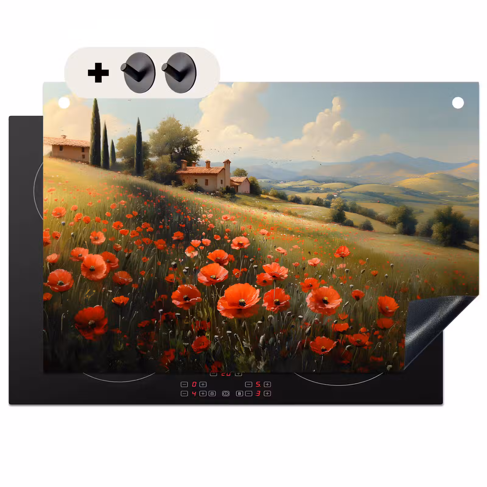 Inductie beschermer en spatscherm (2in1) - Klaprozen - Rood - Heuvels - Landschap — 1