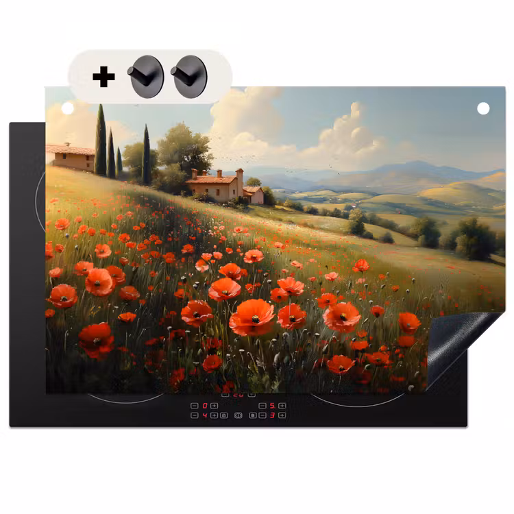 Inductie beschermer en spatscherm (2in1) - Klaprozen - Rood - Heuvels - Landschap — 1