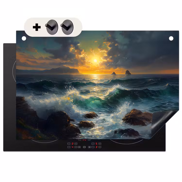 Inductie beschermer en spatscherm (2in1) - Zee - Zon - Golven - Rotsen — 1