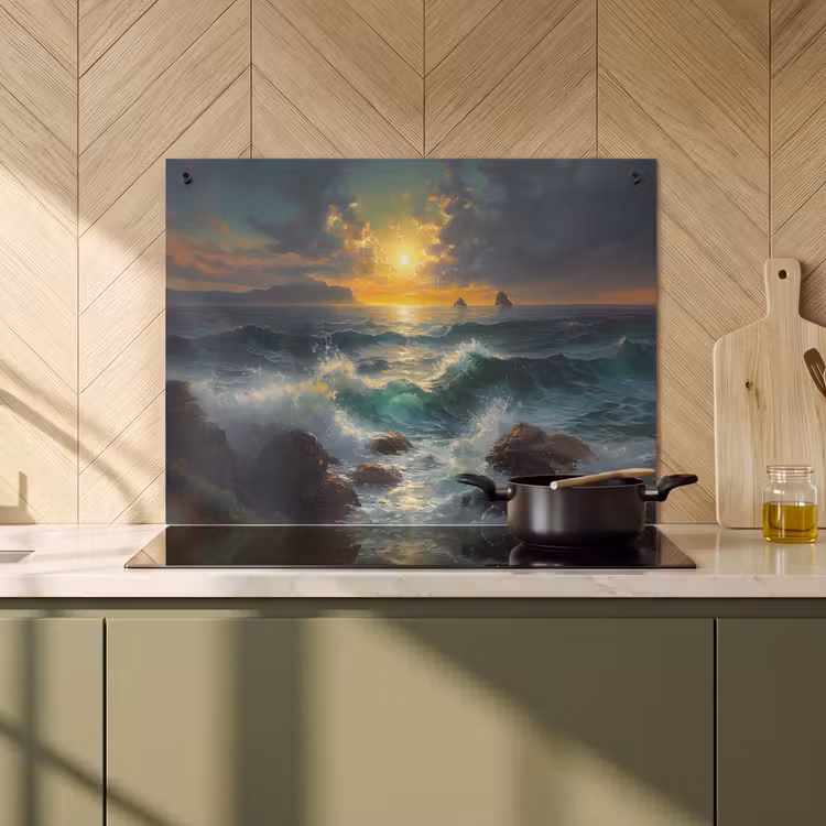 Inductie beschermer en spatscherm (2in1) - Zee - Zon - Golven - Rotsen — 2