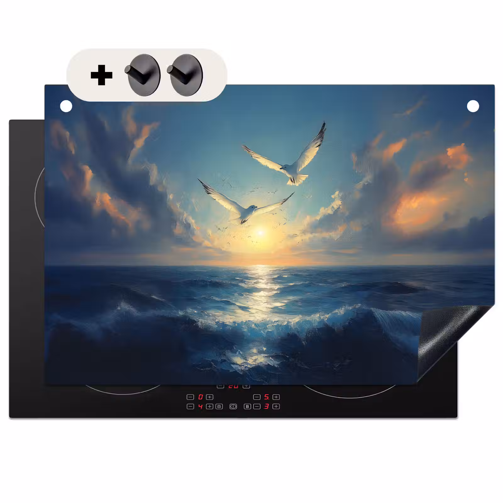 Inductie beschermer en spatscherm (2in1) - Meeuwen - Zee - Wolken -Blauw — 1