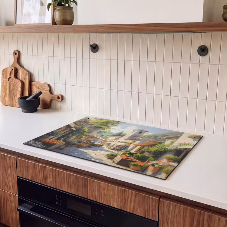 Inductie beschermer en spatscherm (2in1) - Dorp - Zon - Kraampjes - Huizen — 3