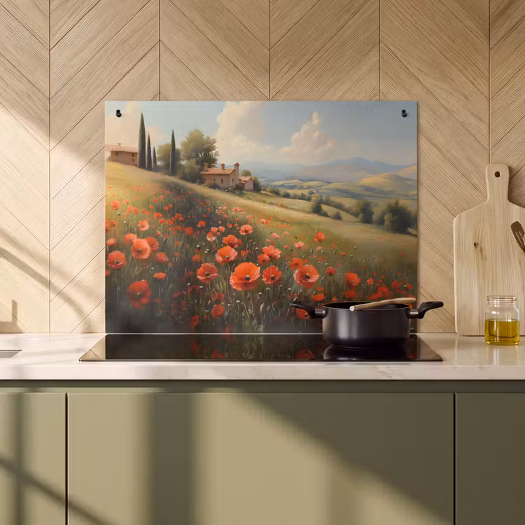 Inductie beschermer en spatscherm (2in1) - Klaprozen - Rood - Heuvels - Landschap — 2