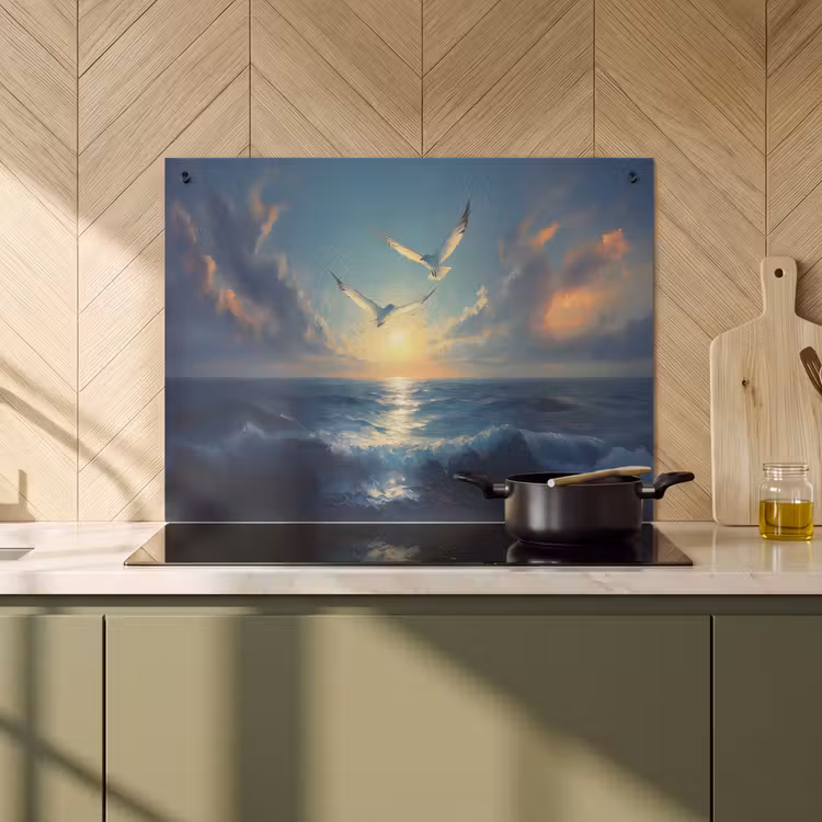Inductie beschermer en spatscherm (2in1) - Meeuwen - Zee - Wolken -Blauw — 2